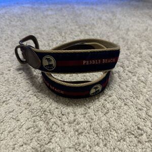 Youth Pebble Beach Golf Belt Sz 30/75 YRI Leather Canvas Brass Buckle Navy Red